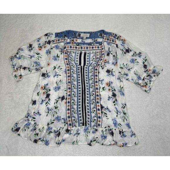 Lucky Brand Floral Blouse Puff Sleeve Crochet V-Neck Small - Picture 1 of 8